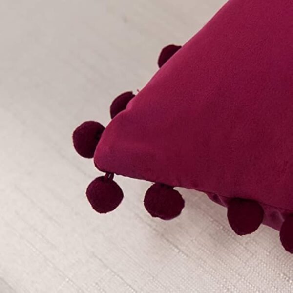 Velvet Pompom Cushion Cover 16x16 Inch - Set of 2 Large Square Throw Pillow Covers for Sofa Living Room or Home Decor in Wine Color