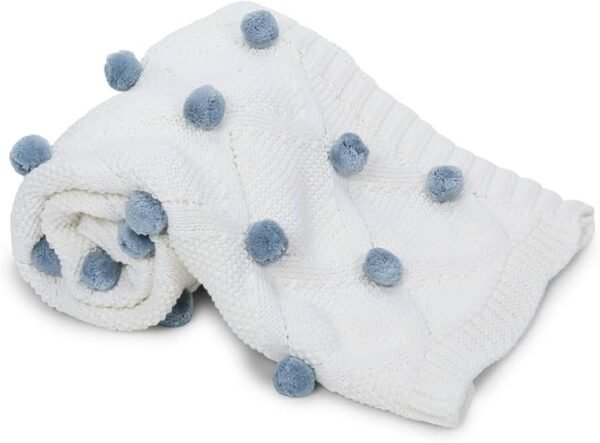 Knitted Blanket For New Born Baby Baby All Season Ac Blankets Quilt Wrapper For New Born Boy & Girl Size 80 Cm X 100 Cm, 0 To 2 Years Bubblegum Blue Pom Pom_ TC - 150