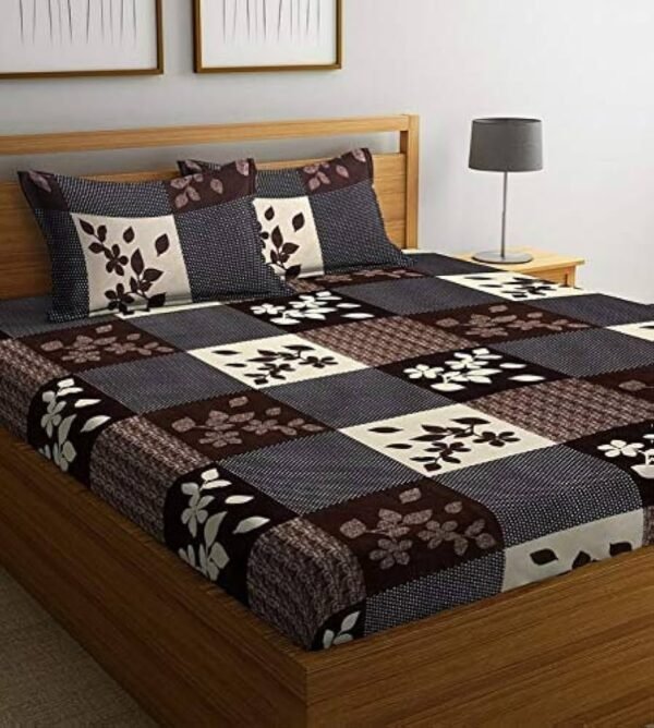 220 TC Floral Printed King Size Double Bedsheet with 2 Pillow Covers, (90 x 90 Inches,) Brown