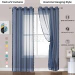 Linen Textured Sheer Curtain for Door, 35-40  Room Darkening, Decorative Curtains with Tieback, Eyelets Hanging Style, Set of 2 Curtains -Royal Blue with pom pom (Door -7 feet)