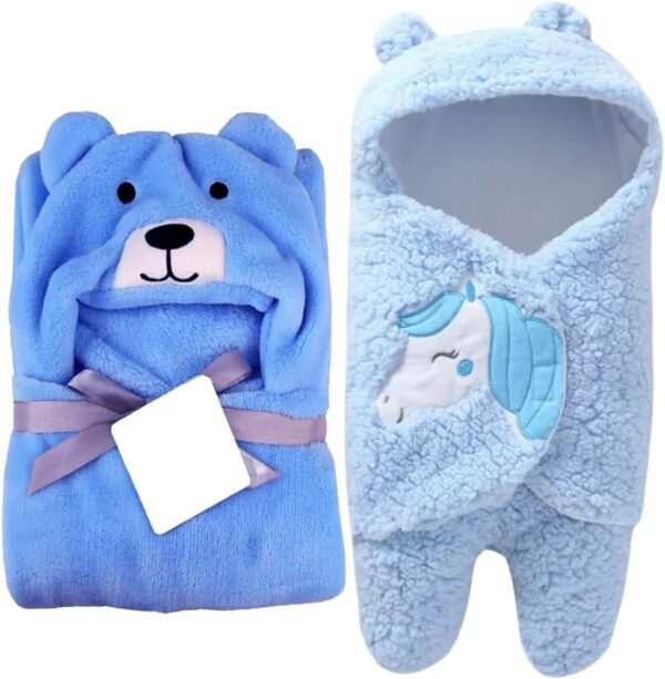 Baby Blankets New Born Combo Pack of Hooded Wrapper Sleeping Bag & Baby Bath Towel ,pack of 2. _