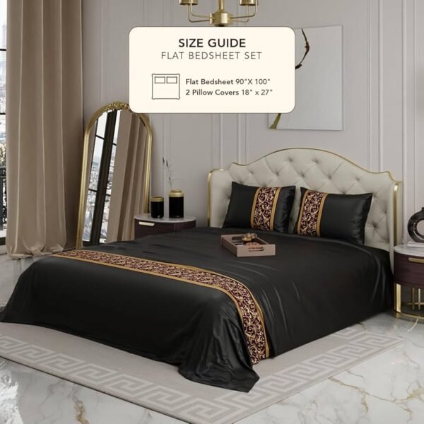 Solid Bedsheets for Double Size Bed, 300 Threadcount Satin Bedsheet Set, Premium Bedding Set with Pillow Cover, Versailles Vista Grandeur Bedspread, Black, Upto 350 Tc