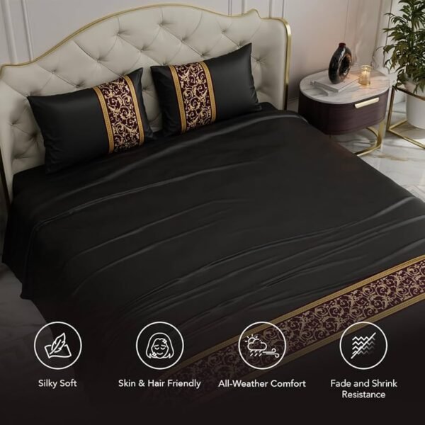 Solid Bedsheets for Double Size Bed, 300 Threadcount Satin Bedsheet Set, Premium Bedding Set with Pillow Cover, Versailles Vista Grandeur Bedspread, Black, Upto 350 Tc