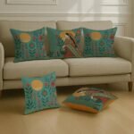 Satin Cushion Covers Elegant Woman in Saree with Basket & Flowers, 16x16 Inch, Pack of 5 for Ethnic Sofa Styling & Gifting