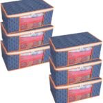 Set Of 6 Non-Woven Printed Saree Cover-Cloth Storage-Organizer With Transparent Window(Navy Blue With Orange Border)size =33.5 Cm,22 Cm
