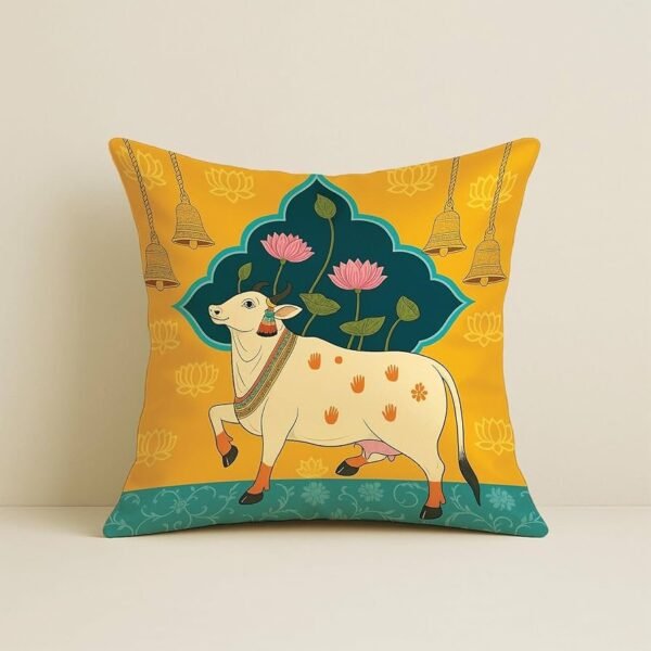 Satin Ethnic Cushion Covers Cow & Lotus Art, 16x16 Inches, Pack of 5 for Living Room & Festive Decor