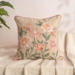 Cotton Decorative Embroidered Cushion Cover _ Knitted Chambray Front Throw Pillow Cushion Cover for Sofa Living Room _ 16Inch X 16Inch _ Pink Roses, 260 TC
