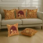 Satin Cushion Covers Traditional Cow and Floral Design in Rajasthani Style, 16x16 Inch, Pack of 5 for Spiritual & Artistic Living Room Decor