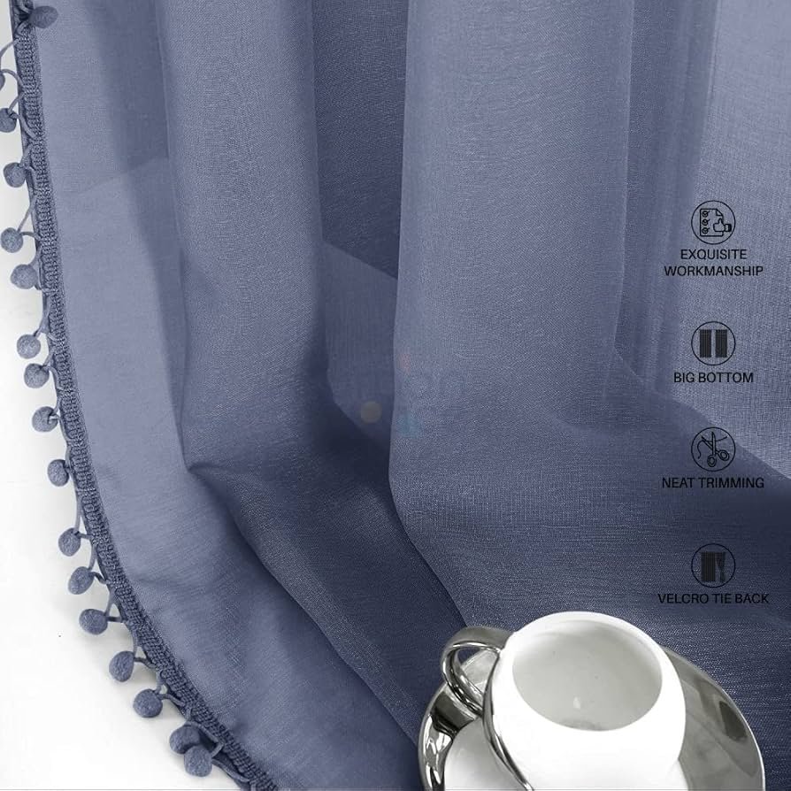 Linen Textured Sheer Curtain for Door, 35-40 Room Darkening, Decorative Curtains with Tieback, Eyelets Hanging Style, Set of 2 Curtains -Royal Blue with pom pom (Door -7 feet)