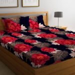 Polycotton Printed King Size Double Bedsheet with 2 Pillow Covers, (90 x 90 Inches,) Blue Red