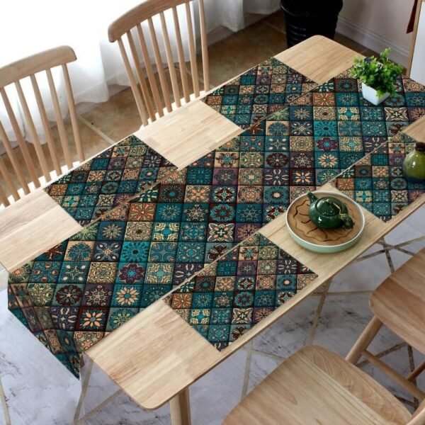 Polycotton HD Creation Set of 4 Placemats and 1 Table Runner 13x60 Inch , Moroccan Tiles Green Design Digital Printed