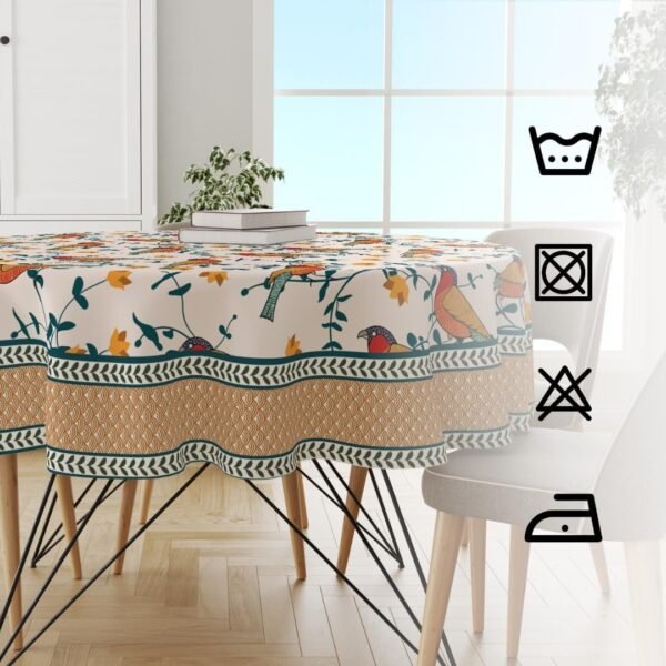 Premium Cotton 60 Inch Circular Table Cloth, Birds Land Round 4 Seater Table Cover With Designed Border_(60In Diameter) - Pack Of 1, Multicolor