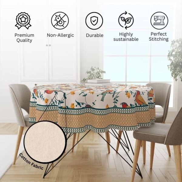Premium Cotton 60 Inch Circular Table Cloth, Birds Land Round 4 Seater Table Cover With Designed Border_(60In Diameter) - Pack Of 1, Multicolor