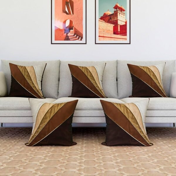 Cushion Cover _ Pillow Covers for Sofa _ Throw Cushion Cover _ Dupion Polyester Cushion Covers _ Cream Patang Wire Cushion Covers _ Set of 5 _ 16 Inch _ Brown
