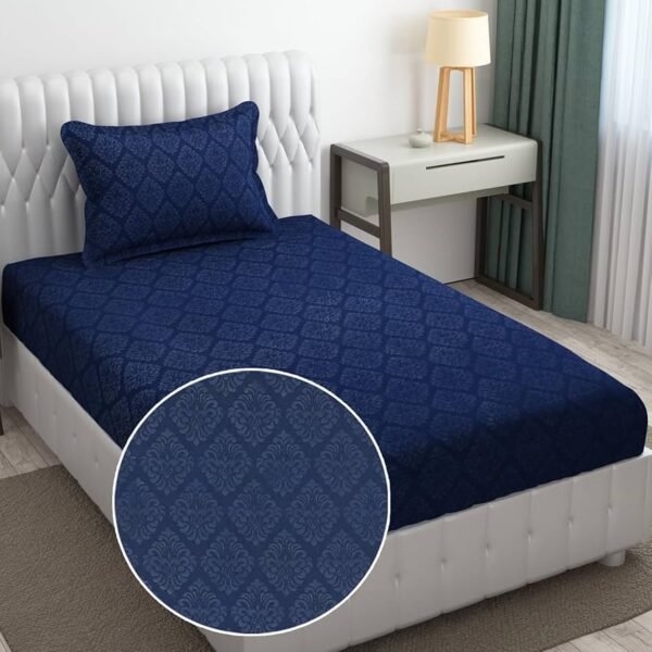 Hypoallergenic Rotary Printed Single bedsheet, Microfiber, Wrinkle Free with 1 Pillow Covers (60 x 90 Inches _ Navy Blue, Damas Design_