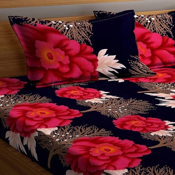 Polycotton Printed King Size Double Bedsheet with 2 Pillow Covers, (90 x 90 Inches,) Blue Red