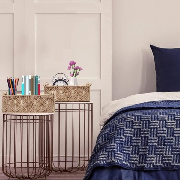 Set Of 2 Macrame Rectangular Storage Basket With Wooden Handles, Storage Baskets Tray Cotton Lined For Organizing (Beige)