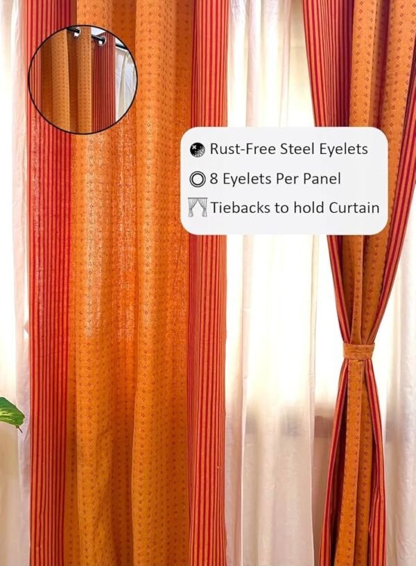 Handloom 100  Cotton Curtains For Door, 70-75  Room Darkening Cotton Curtains Long Set Of 2 With Eyelets (Rusty Orange, Door-7 Feet X 4 Feet, Printed, Sheer)