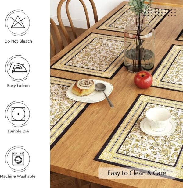 Set of 6 _ Yellow-02 Block Printed Cotton Canvas Placemat - 46x32 cm _ Jaipur Sanganeri Hand Print