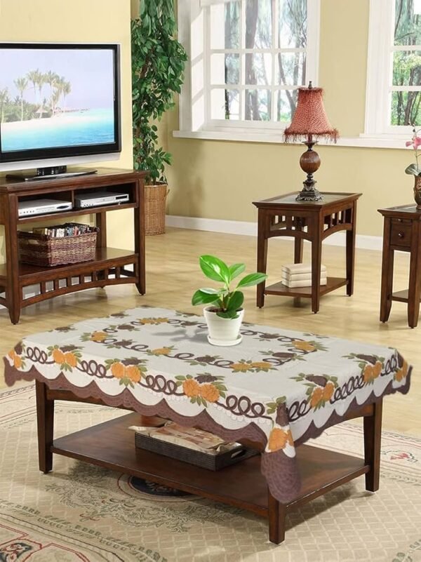 Flower Printed Cotton 4 Seater Center Rectangular Table Cover,40_X60_ (Cream & Brown)