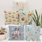 Owl Theme Printed Polycotton Cushion Covers _ Decorative Square Throw Pillow Cases for Sofa, Living Room & Bedroom _ Set of 5 (16 x 16 Inches)