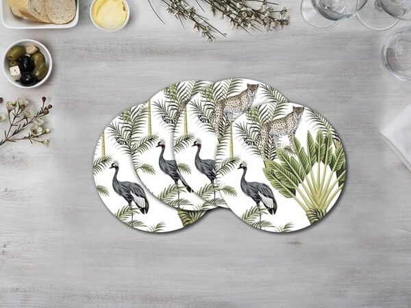 Vintage Botany Design Premium Printed MDF Wooden Dining Tablemat, Heat-Water Resistant Round Placemats Set of 4 Pieces