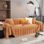 fur Luxury Waxy Rabbit Plush Fluffy Sofa Cover, Sofa Throw for 1 Seater Sofa, 180(D) x 190(L) cm, Ochre Brown _