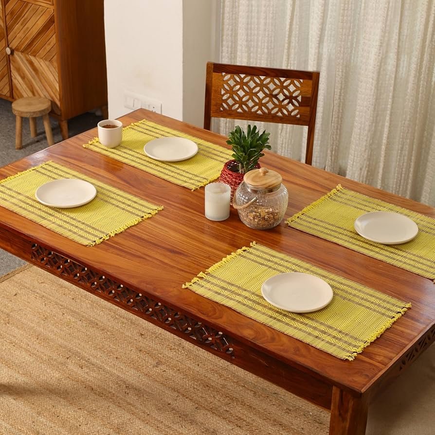Handmade Dining Table Mats Set of 4_ Natural Grass Dinner Placemats for Dining Table _ Heat Resistant _ Non Slippery _ 12x18 inches (4Placemats,Lemon Yellow and Purple)