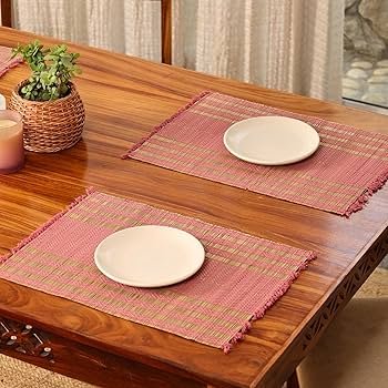 Handmade Dining Table Mats Set of 4_ Natural Grass Dinner Placemats for Dining Table _ Heat Resistant _ Non Slippery _ 12x18 inches (4Placemats,Blush Pink and Beige)