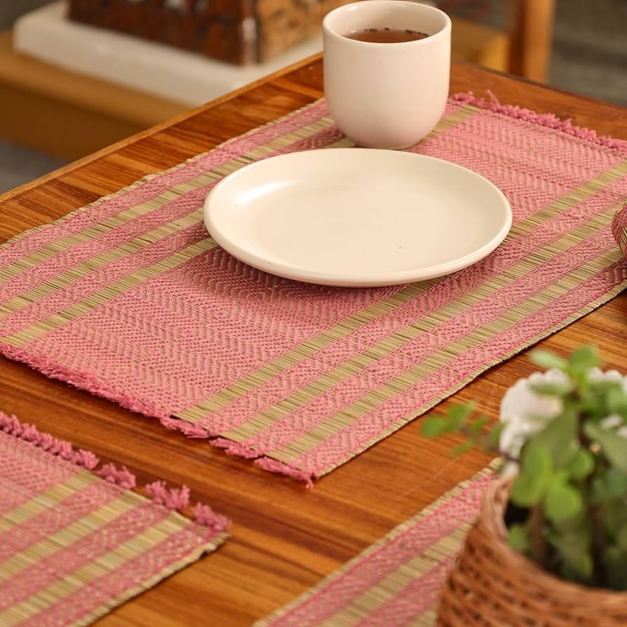Handmade Dining Table Mats Set of 4_ Natural Grass Dinner Placemats for Dining Table _ Heat Resistant _ Non Slippery _ 12x18 inches (4Placemats,Blush Pink and Beige)