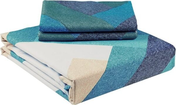 240TC Satin Finish, Microfiber Double Bed bedsheet, 225X250cm with 2 Pillow Covers, Cyan Blue & White Geometric