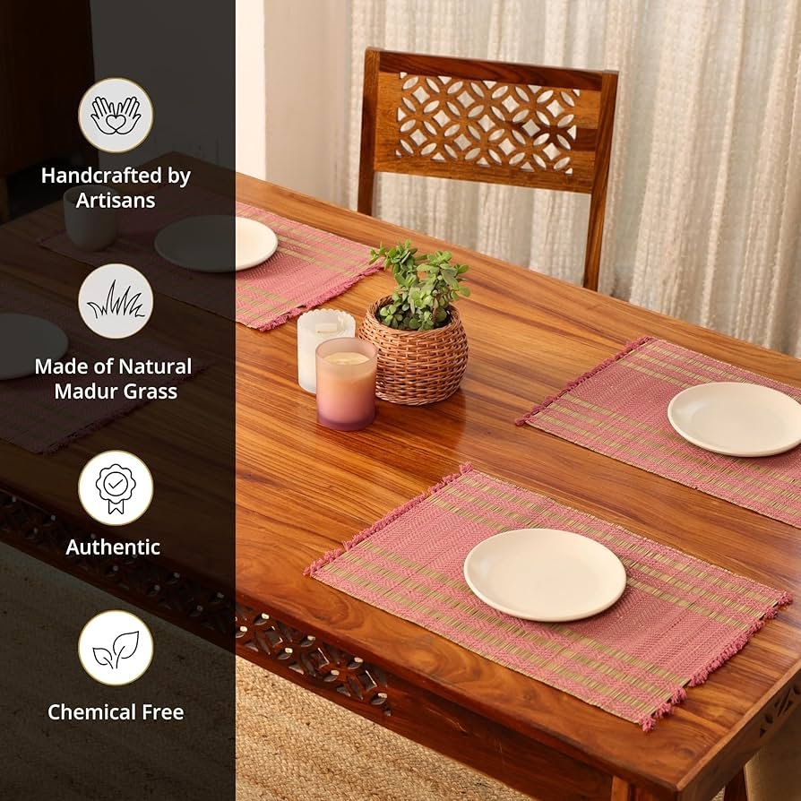 Handmade Dining Table Mats Set of 4_ Natural Grass Dinner Placemats for Dining Table _ Heat Resistant _ Non Slippery _ 12x18 inches (4Placemats,Blush Pink and Beige)