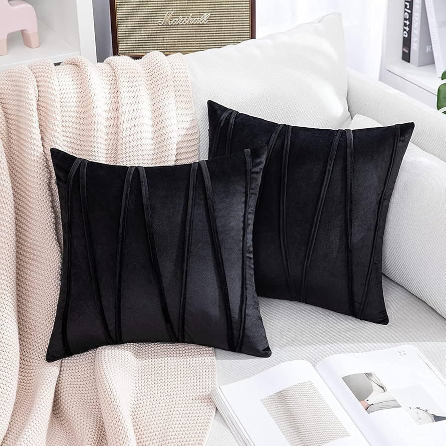 Velvet Cushion Cover Pack of 1-14_ x 14_ - 36 x 36 cm - Black - Soft Pillow Covers Cushion Case for Sofa Bedroom Livingroom Chair Car, Cushion Cover with Random Zig Zag Pattern