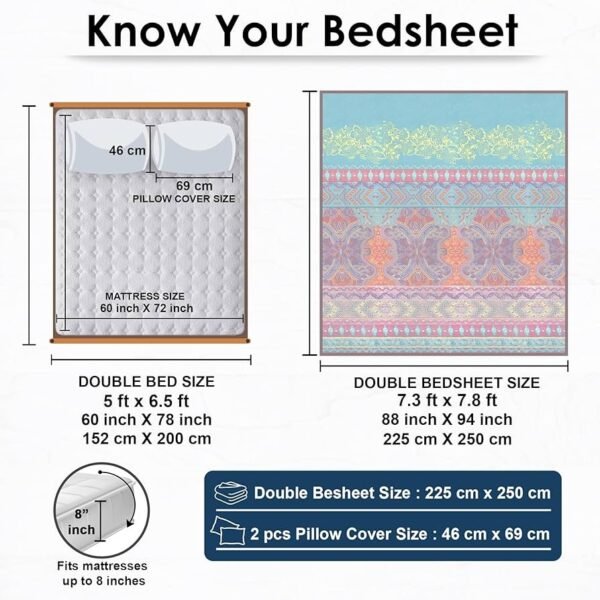 Double Bed Queen Size 240TC Satin Finish, Microfiber Double Bed bedsheet, 225X250cm with 2 Pillow Covers, Purple & Orange, Motif