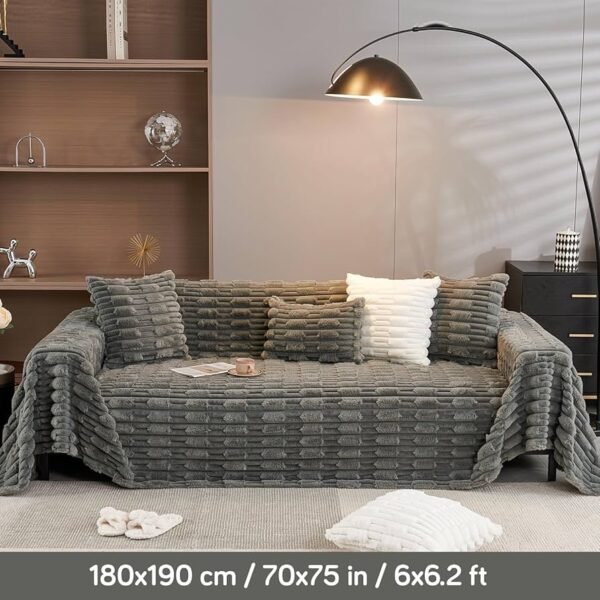 Luxury Waxy Faux Rabbit Plush Sofa Throw, Fluffy Sofa Cover for 1 Seater Sofa, 180(D) x 190(L) cm, Charcoal Grey