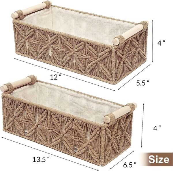 Set Of 2 Macrame Rectangular Storage Basket With Wooden Handles, Storage Baskets Tray Cotton Lined For Organizing (Beige)