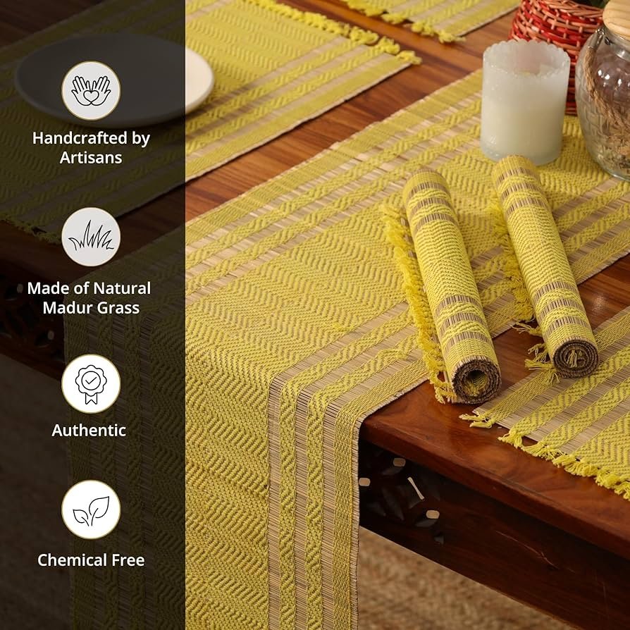 Handmade Dining Table Mats Set of 4_ Natural Grass Dinner Placemats for Dining Table _ Heat Resistant _ Non Slippery _ 12x18 inches (4Placemats,Lemon Yellow and Purple)