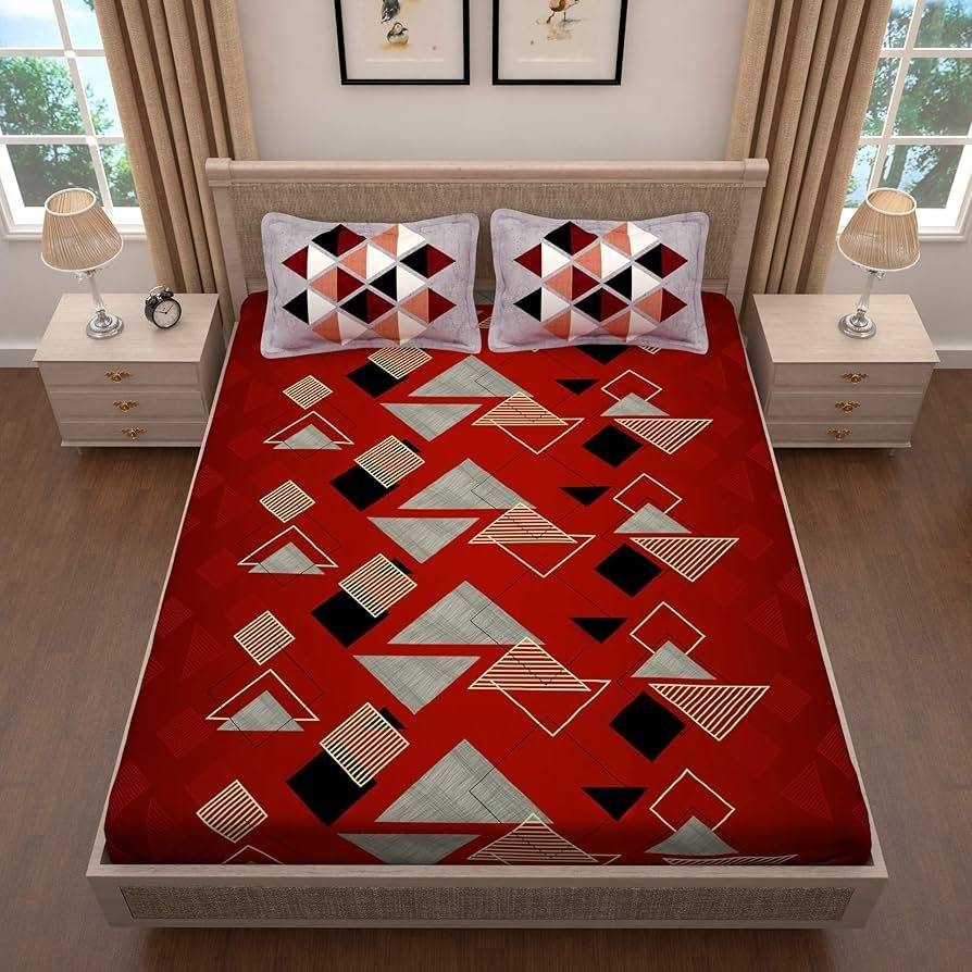 Gold Collection 300 TC Fine Cotton - Special Pattern Bedsheet with 2 Pillow Covers – for Bedroom Home Kids Room - Red & Grey