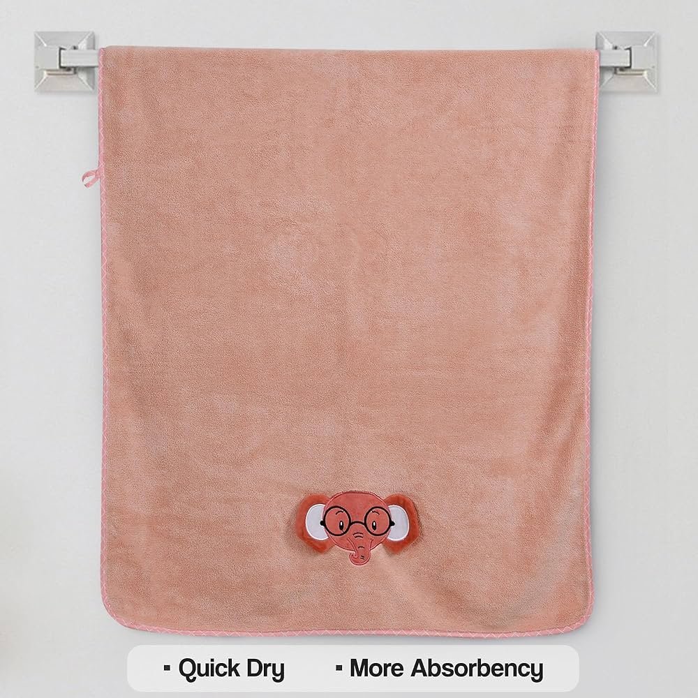 Premium Microfiber Kids Bath Towels Quick Drying Towels for Unisex Kids Cartoon Print Baby Towel for Boys and Girls (70 x 140 Cms, Pack of 1) - Peach