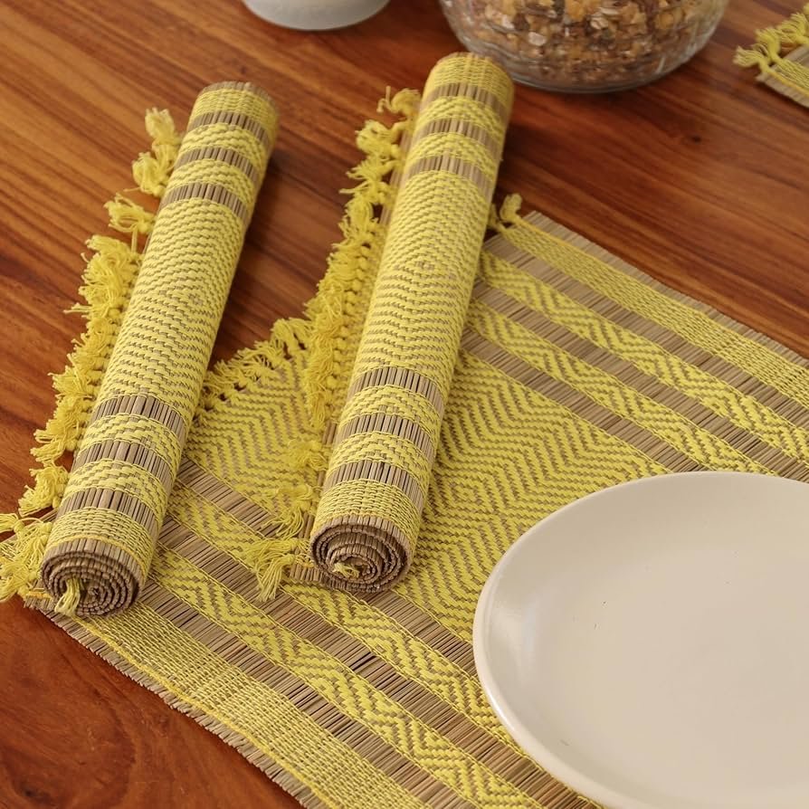 Handmade Dining Table Mats Set of 4_ Natural Grass Dinner Placemats for Dining Table _ Heat Resistant _ Non Slippery _ 12x18 inches (4Placemats,Lemon Yellow and Purple)