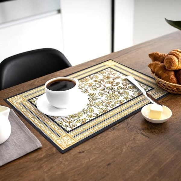 Set of 6 _ Yellow-02 Block Printed Cotton Canvas Placemat - 46x32 cm _ Jaipur Sanganeri Hand Print