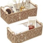Set Of 2 Macrame Rectangular Storage Basket With Wooden Handles, Storage Baskets Tray Cotton Lined For Organizing (Beige)