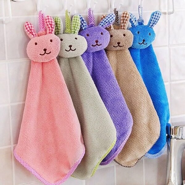 4Pc Cute Plush Animal Hand Towels with Hanging Loop _ Rabbit Theme _ Wash Basin Hanging Hand Towel _ Sink Towel _ Soft Hand Towel for Bathroom & Kitchen _ 400 GSM _ Assorted Colours