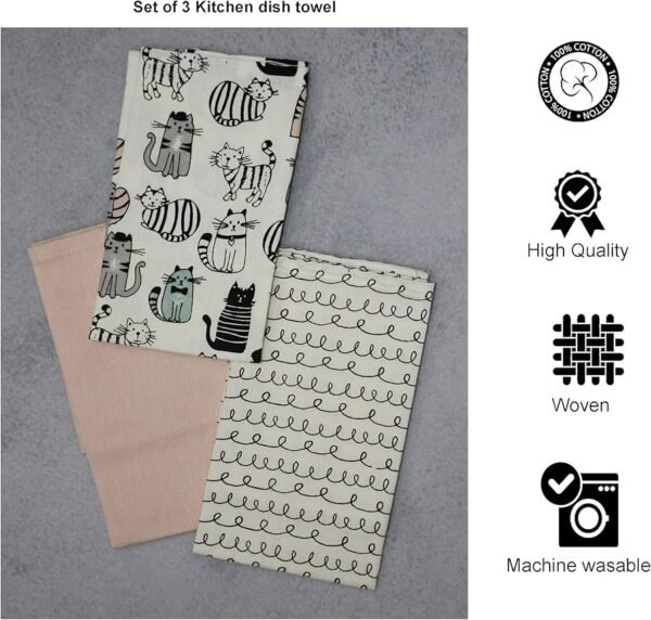 100_ Cotton Kitchen Dish Towels Set of 3 with High Absorbency _ 45 _ 65 cm Easy Wash Dish Cloth-Tea Towel Set to Dry Dishes, Wipe Table, and Use as Napkins.(Cute Cat Set) (3)