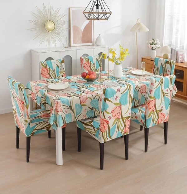 Dining Chair Cover with Table Covers , Waterproof Dining Table Cloth (Poppy, 1 Table Cover + 6 Chair Cover)