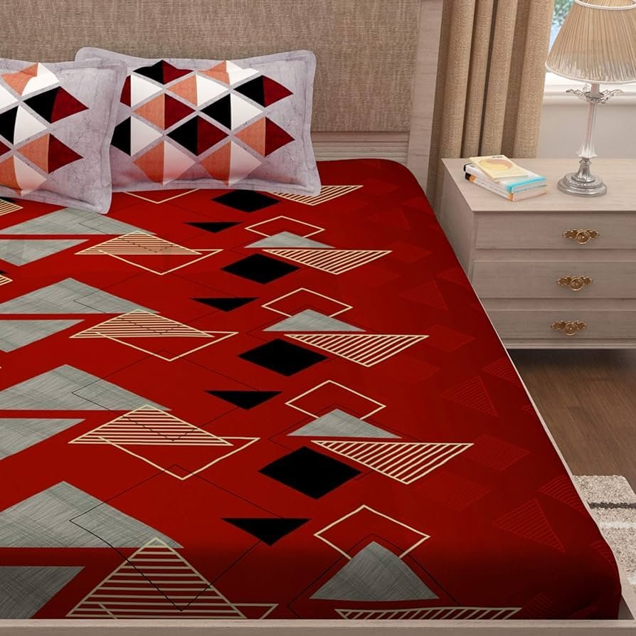 Gold Collection 300 TC Fine Cotton - Special Pattern Bedsheet with 2 Pillow Covers – for Bedroom Home Kids Room - Red & Grey