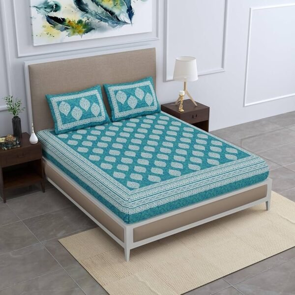 Cotton Printed Jaipuri Bedsheet Double Bed with 2 Pillow Covers, Sea Green, 144-200 tc