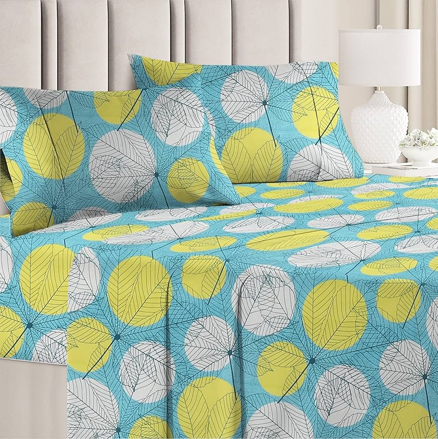 Printed 144 Tc Microfiber Double Bedsheet with 2 King Size Pillow Covers Breathable _ Wrinklfree _ Summer _ Topsheet (Light Green and White Cricle Print, 90 x 90 Inches)
