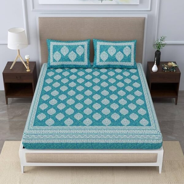 Cotton Printed Jaipuri Bedsheet Double Bed with 2 Pillow Covers, Sea Green, 144-200 tc
