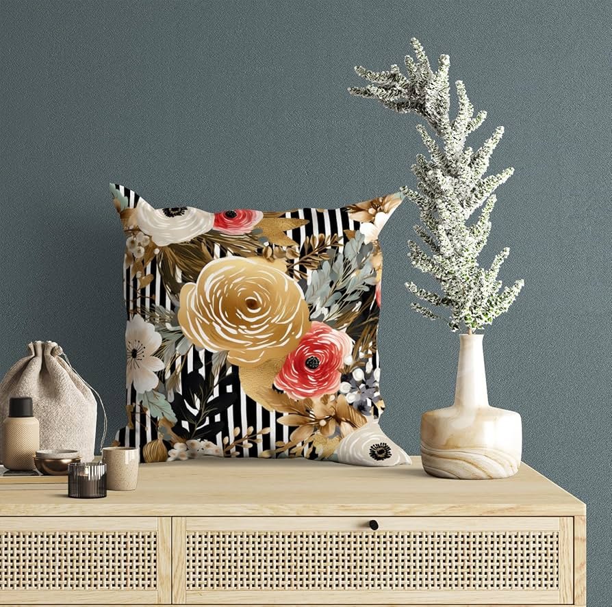 Printed Cushion Cover Home Decorative Pillow Cushion Covers for Sofa Soft Solid Square Throw Pillow Cushion Covers Satin Cushion Covers Set of 5 Size 16 x 16 Inch Floral